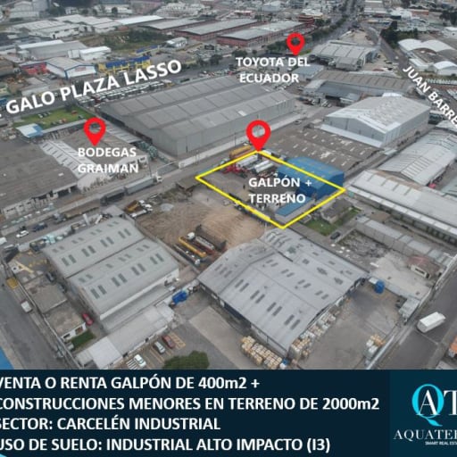 Venta o Renta Galpón en Terreno de 2000m2. Industrial Alto Impacto i3. Carcelén Industrial