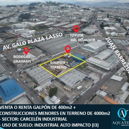 Venta o Renta Galpón en Terreno de 4000m2. Industrial Alto Impacto i3. Carcelén Industrial